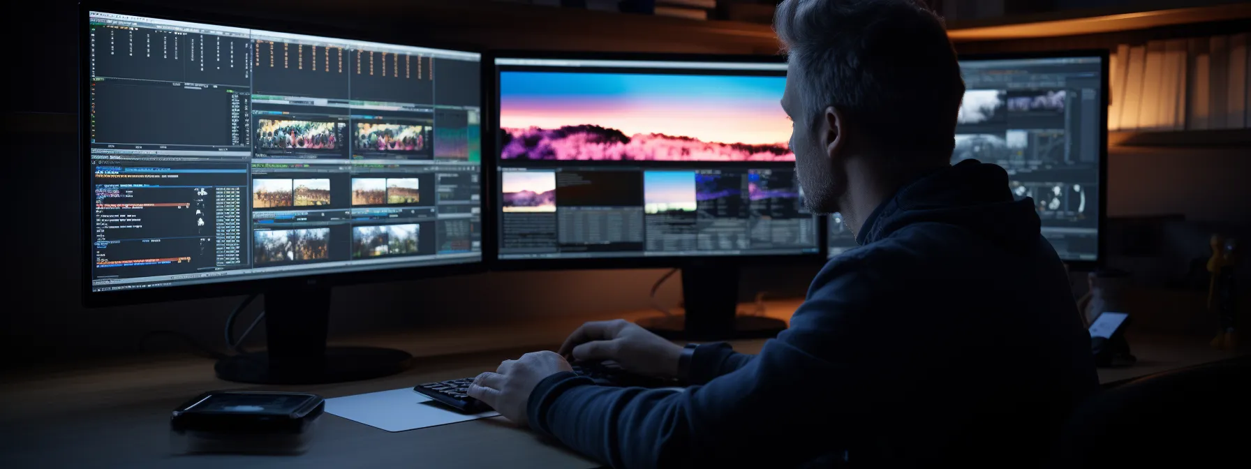 a person studying a computer screen with various keyword clusters and seo tools displayed.