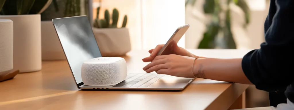 a person speaking into a smart speaker device for voice search with a laptop displaying seo techniques in the background.