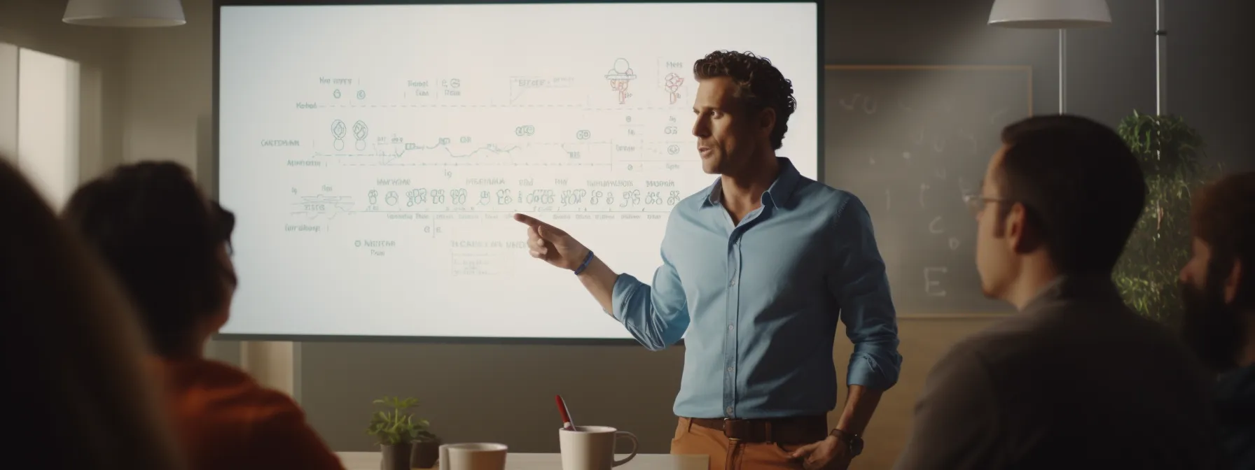 a person standing in front of a whiteboard, explaining keyword cannibalization to a group of learners.