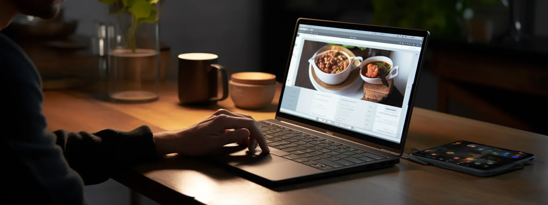 a person typing on a laptop with a mobile phone next to it, showing a website with high mobile performance.