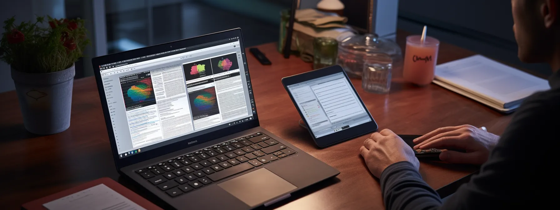 a person sitting at a desk, studying seo and sem materials on a laptop with various digital marketing tools and resources surrounding them.