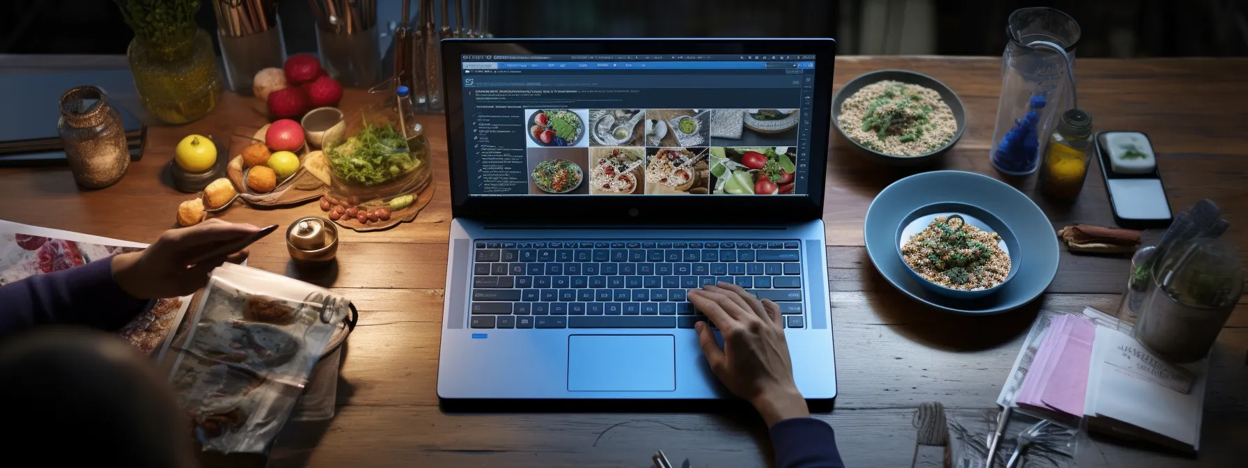 a person typing on a laptop, surrounded by a variety of product pages and seo tools.