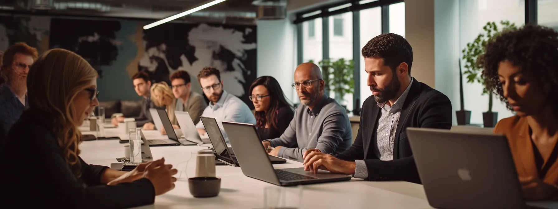 a diverse group of professionals gathered in a classroom, eagerly learning about advanced seo analytics.