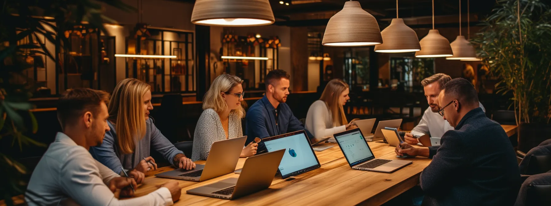 a group of people sitting around a table with laptops and notebooks, discussing and planning their yearly seo keyword strategy.