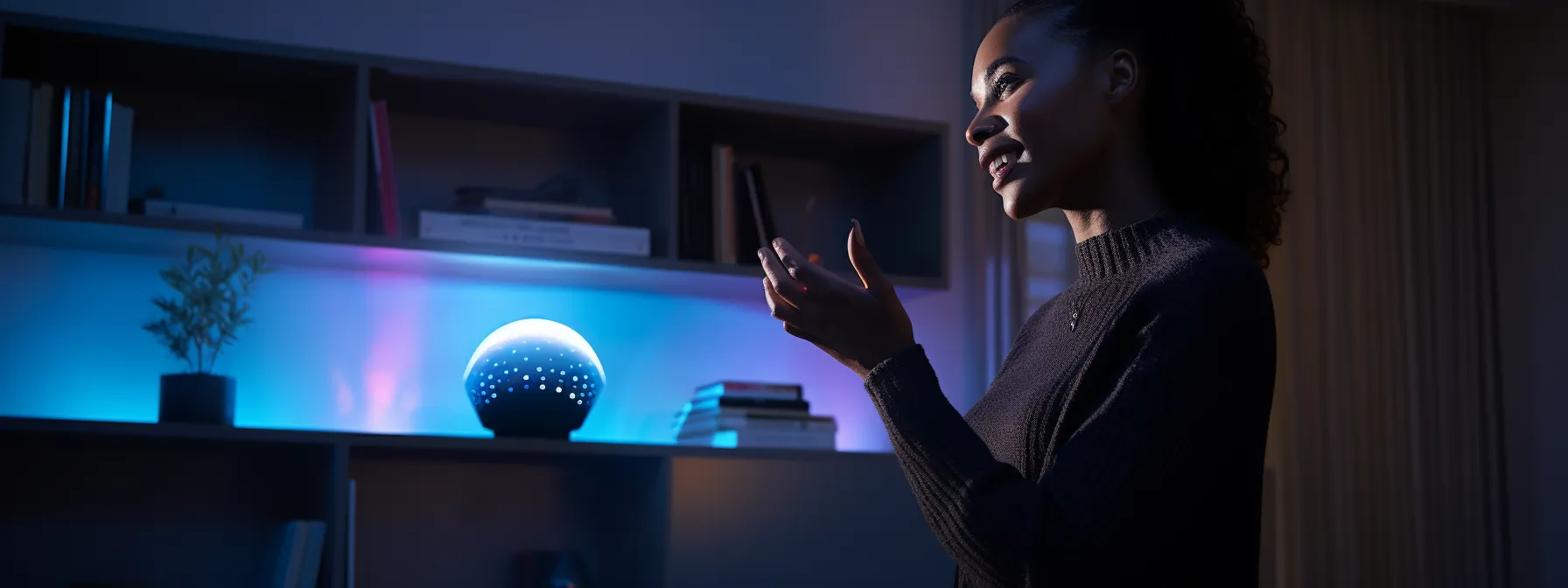 a person using a voice assistant device, such as amazon alexa or google home, to search for information.