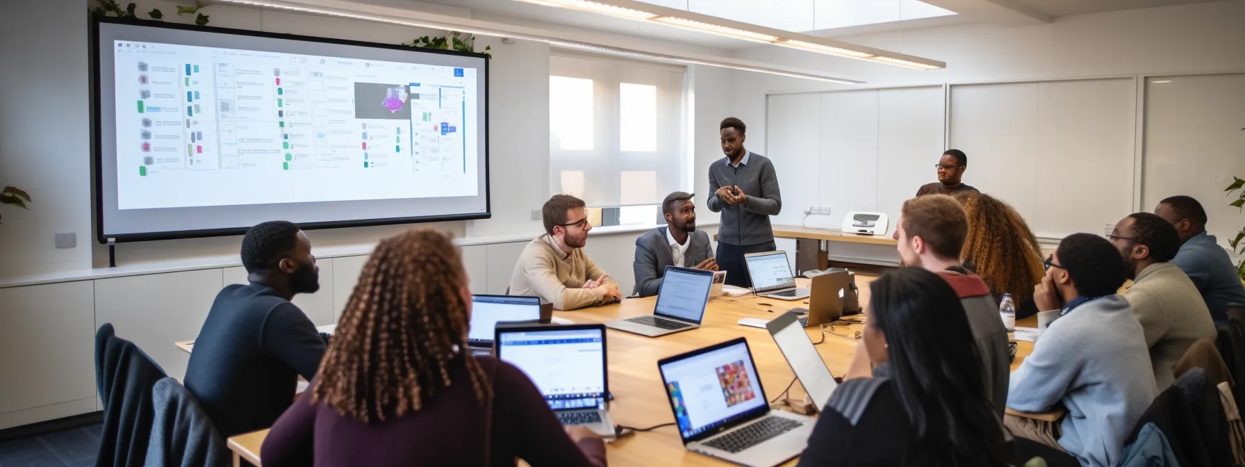 a group of students sitting in a classroom, surrounded by whiteboards and laptops, listening attentively to a teacher explaining the intricacies of seo in digital marketing.