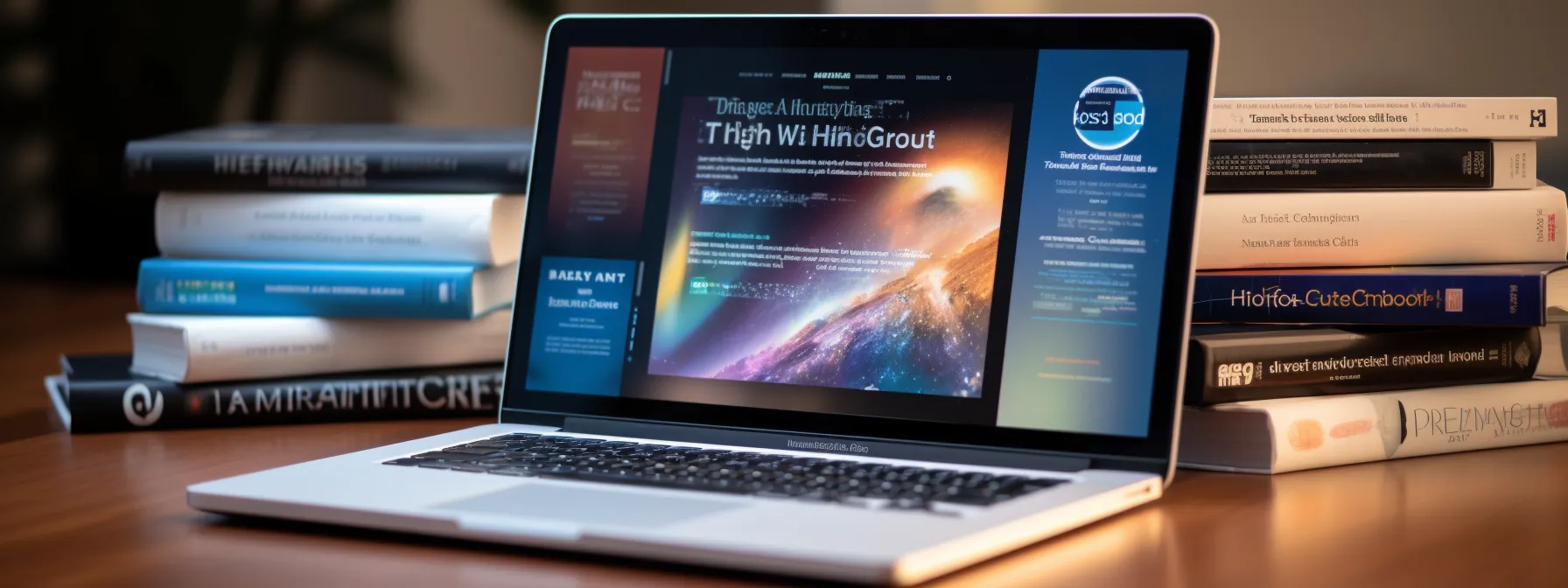 a stack of seotheory books with a laptop displaying search engine results.