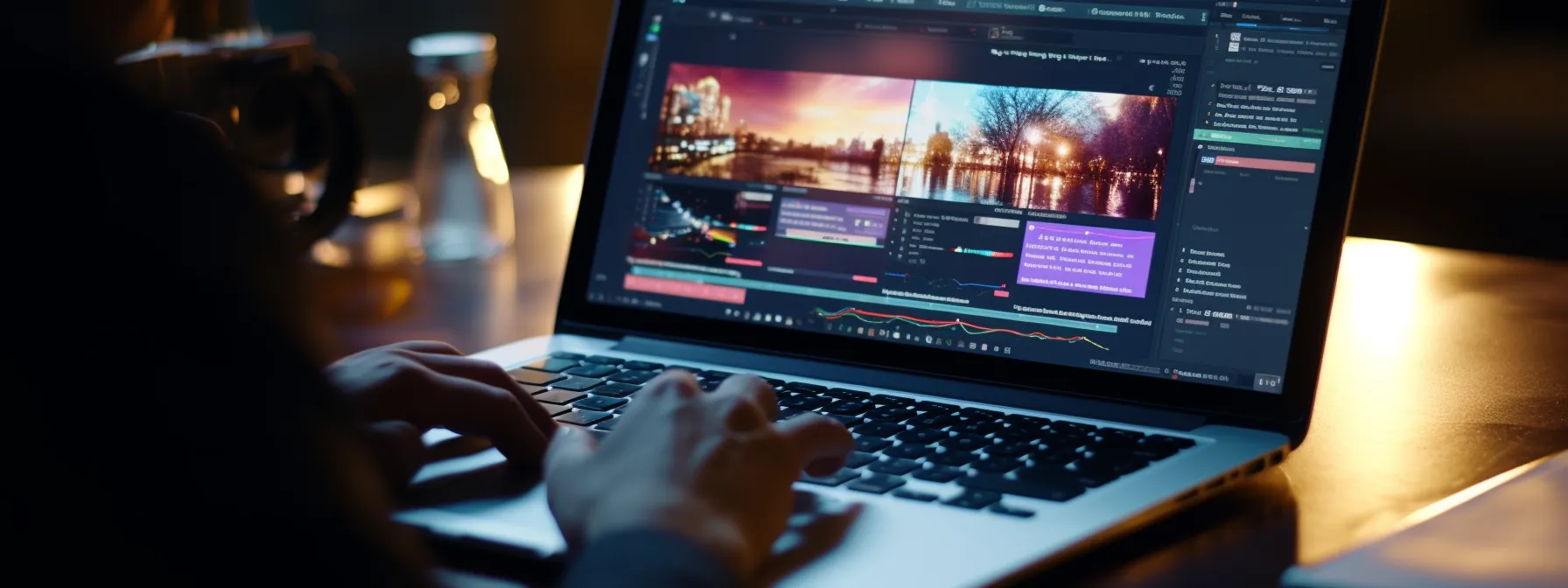 a person typing on a laptop, with searchatlas and seotheory websites open on the screen.