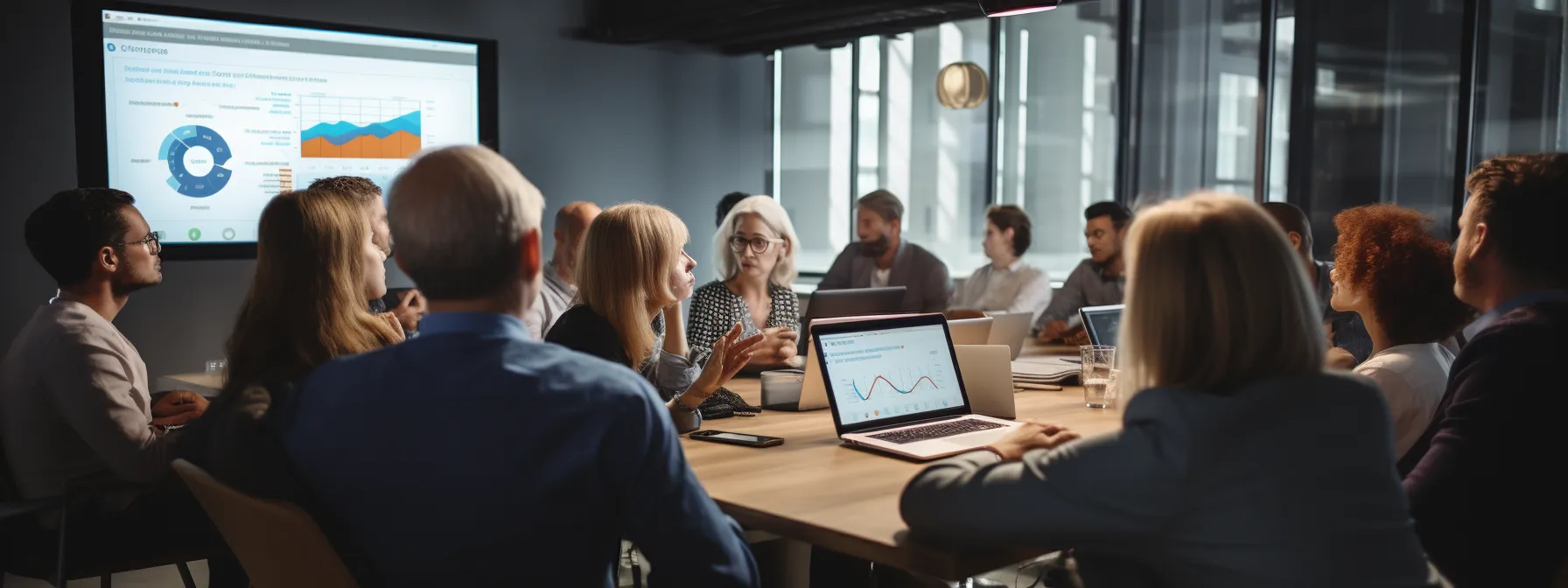 a group of marketers gathered around a computer screen, attentively listening to a presentation on trending seo and marketing techniques.