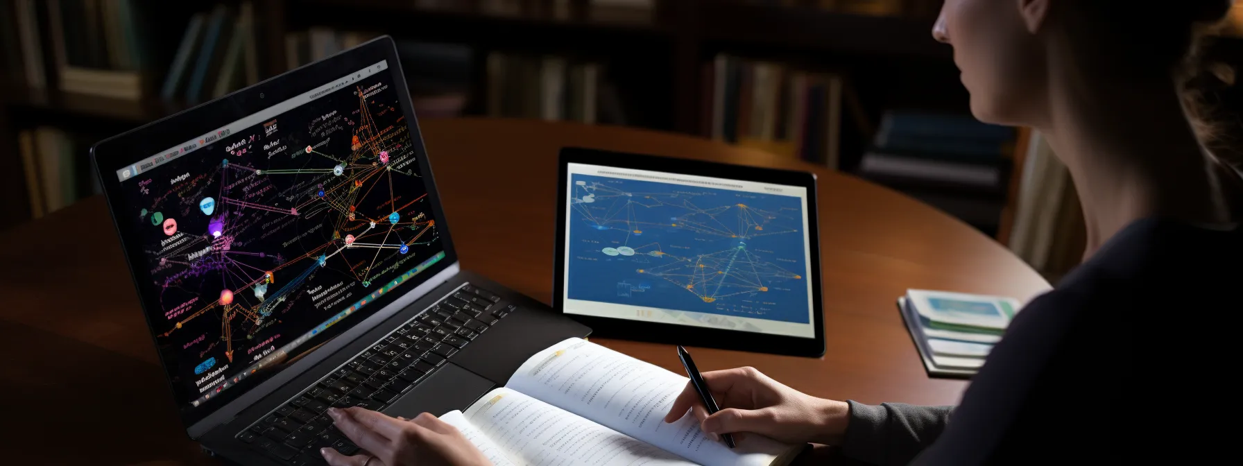 a person analyzing a content structure diagram while balancing a book on top of a laptop.