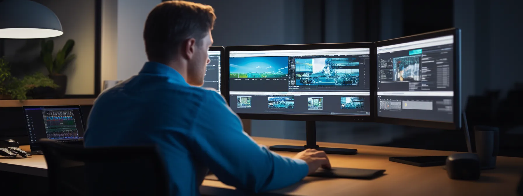 a person sitting at a desk with a computer, studying seo updates on the screen.