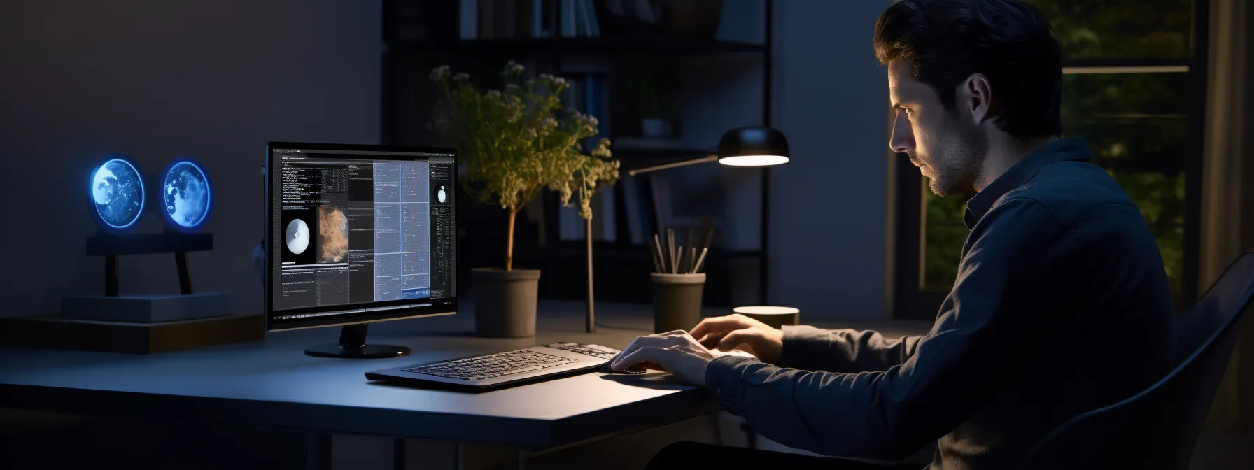 a person sitting in front of a computer, using keyword research tools and analyzing website content for seo optimization.
