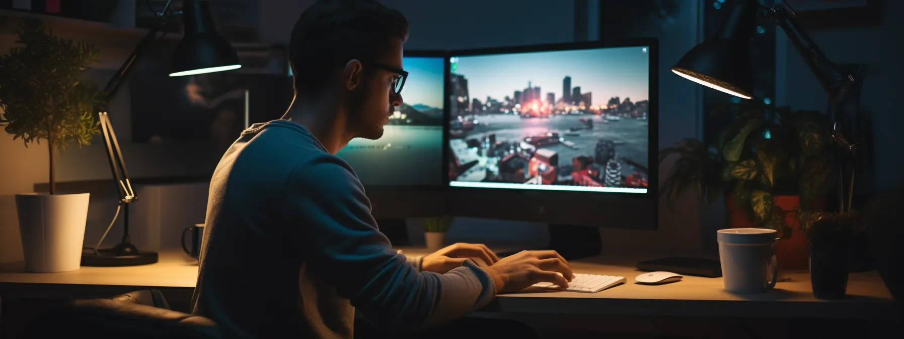 a person sitting at a computer, surrounded by seo resources and tools, completing assignments and tasks for their seotheory course.