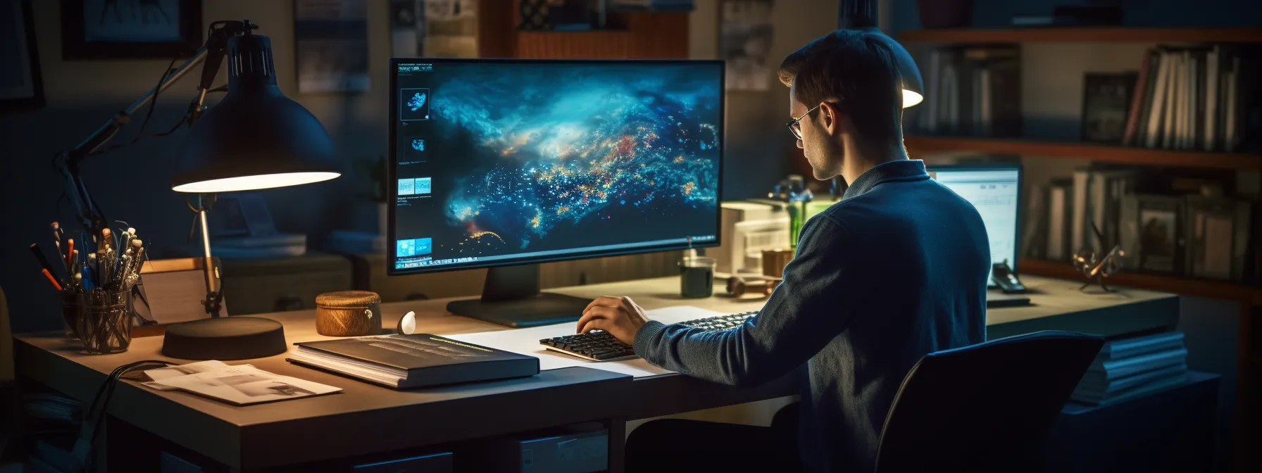 a person sitting at a desk with a computer, surrounded by seo books and tools.