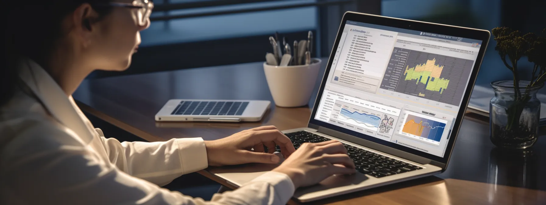 a person reading a comprehensive seo guide on a laptop with various seo tools, writing seo-optimized blog posts, improving the relevance of product pages, optimizing title tags and meta descriptions, and building high-quality backlinks.