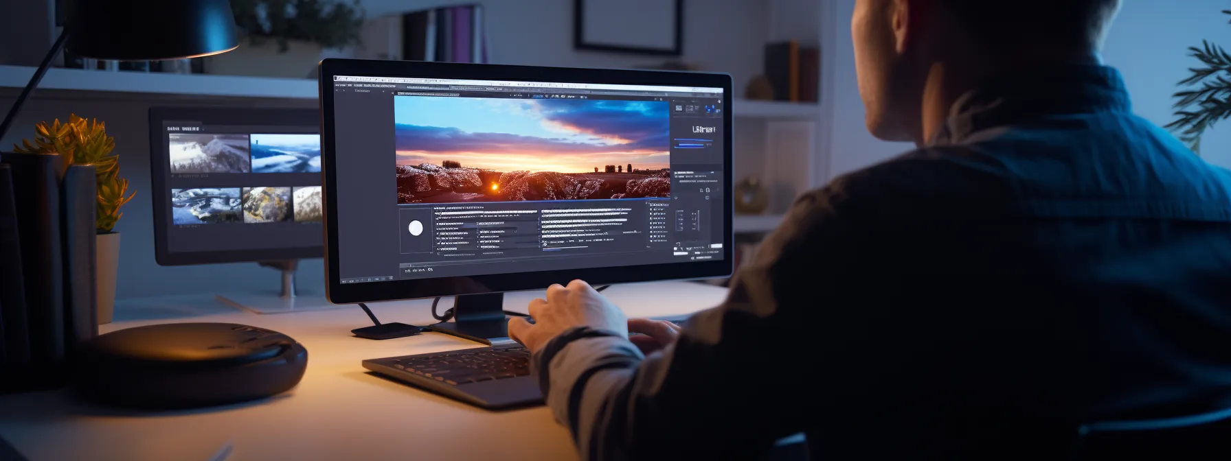 a person sitting at a computer with a browser open, watching an online seo class video.