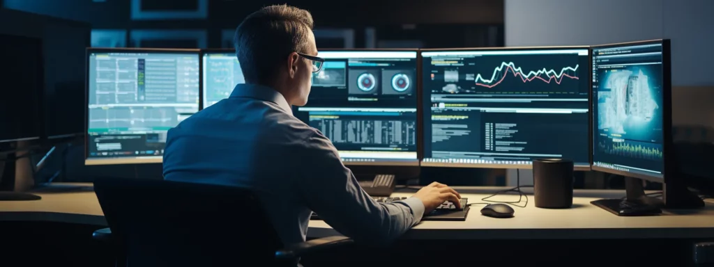 a person sitting at a desk, surrounded by computer screens and seo tools, intensely focused on improving their search engine optimization skills.
