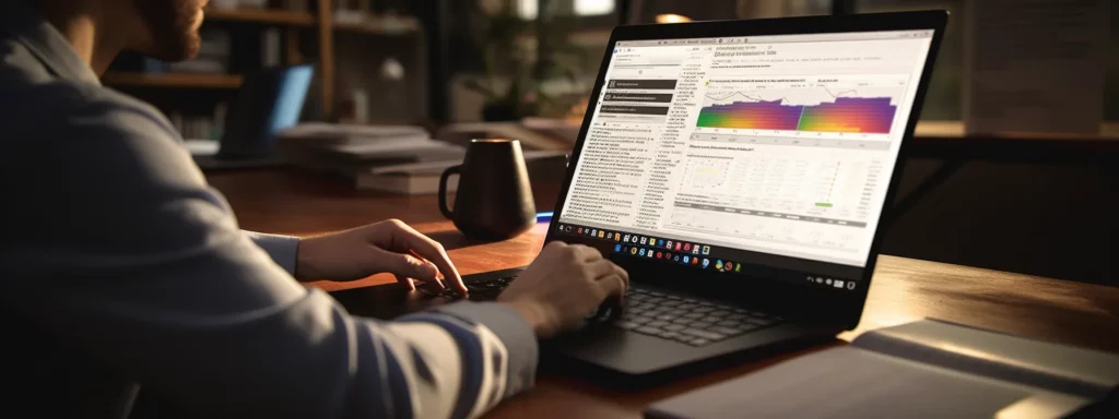 a person studying a large seo book with a laptop and notebook open on a desk.