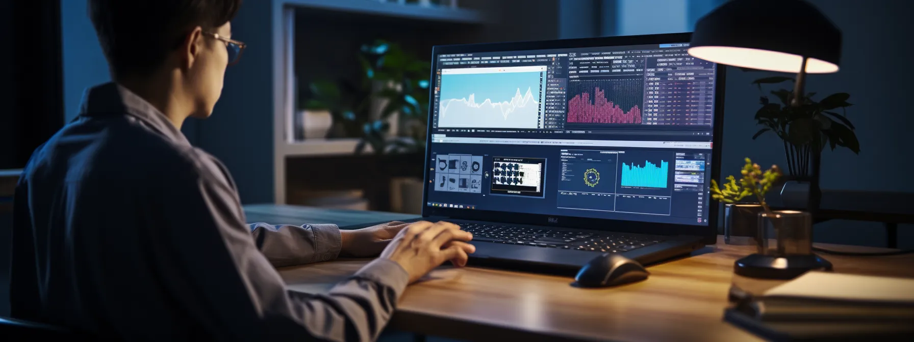 the photo shows a person studying seo concepts while using advanced software tools and ai technology.