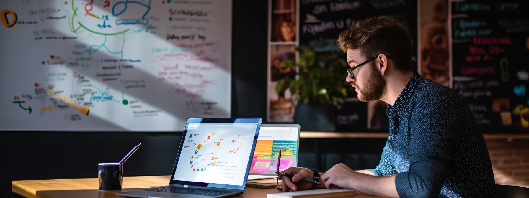 a person attending an seotheory class on a laptop, surrounded by notes and highlighting important seo strategies on a whiteboard.