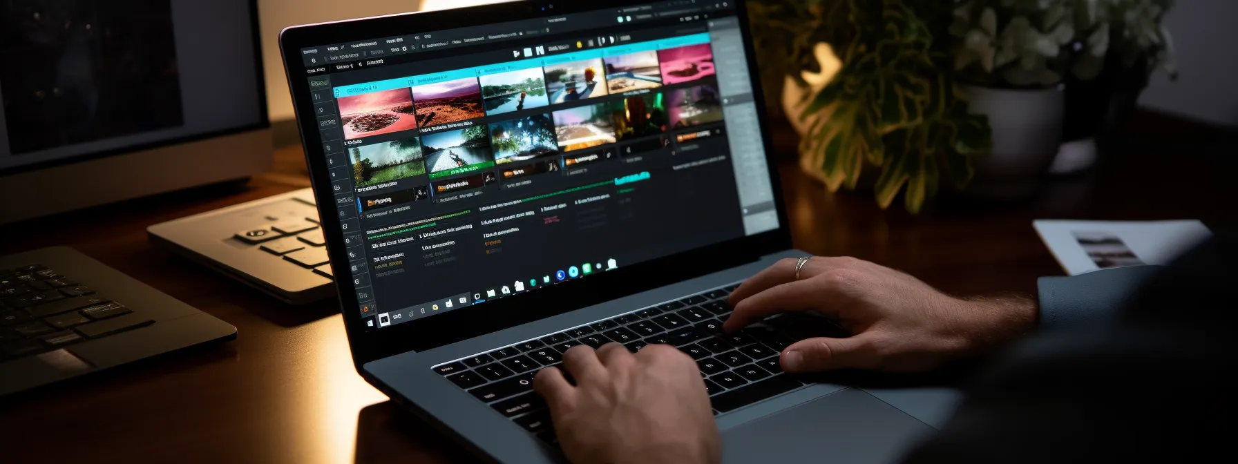 a person typing on a laptop with social media platforms and keywords visible on the screen.
