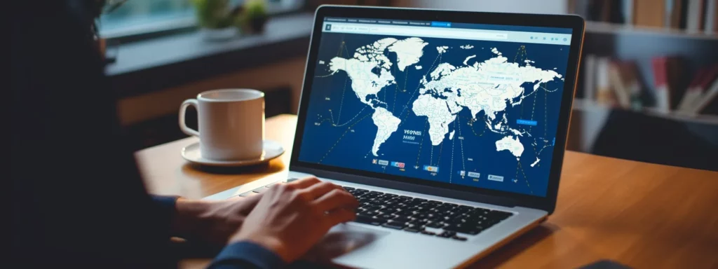 a person typing on a computer with a world map displayed on the screen, showing various locations being targeted for seo.