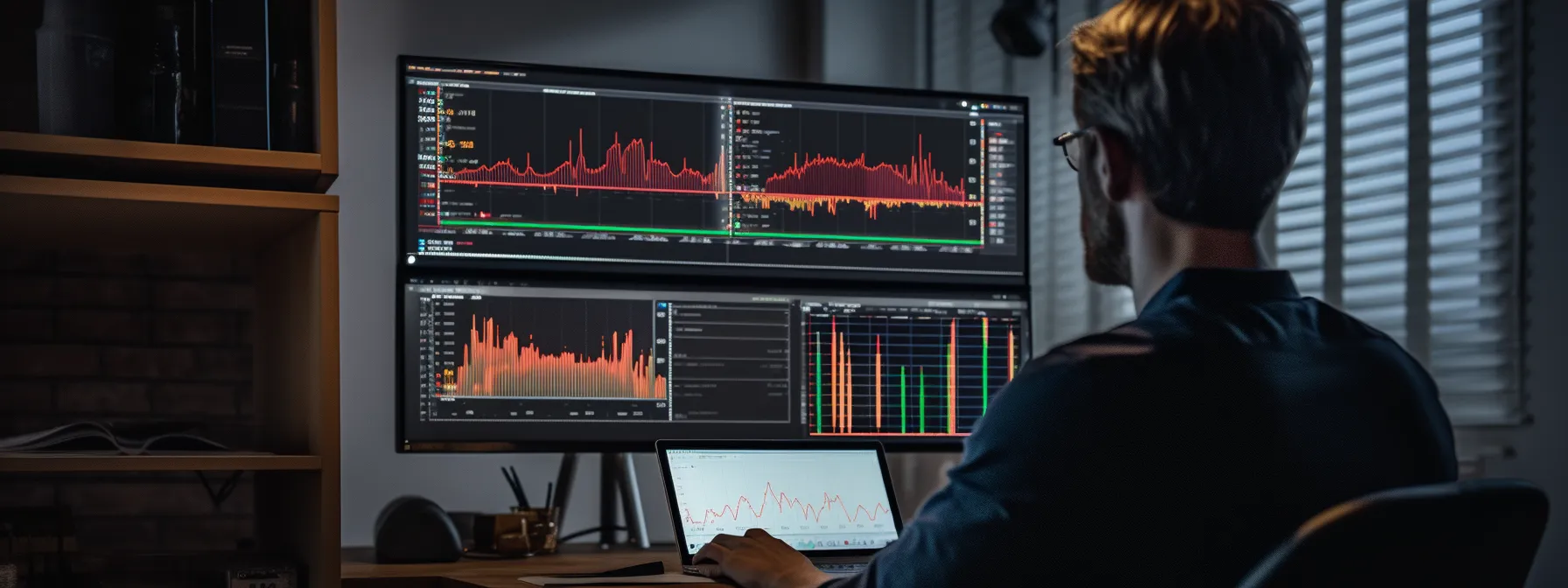 a person sitting at a desk, analyzing data on a computer screen with a graph and charts.