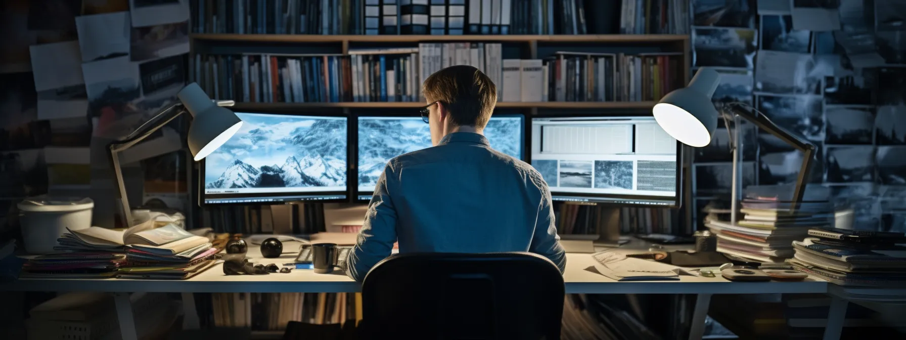 an individual sitting at a computer, surrounded by seo-related books and charts, with a determination to unravel the secrets of advanced seo in digital marketing.