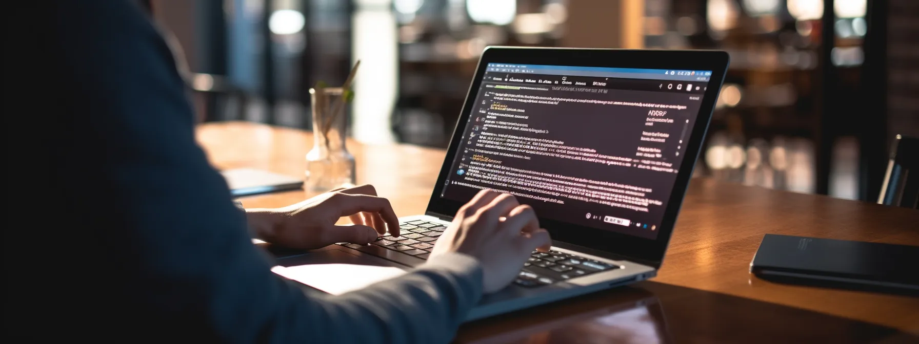 a person typing code on a laptop with a mobile phone and a javascript framework logo displayed on the screen.