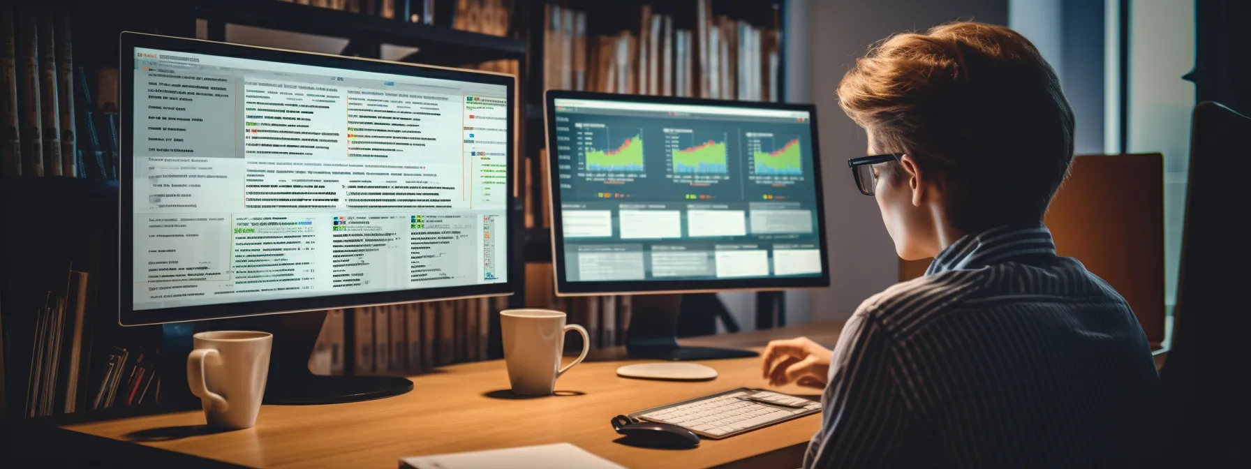 a person sitting at a computer, with a website open on the screen, surrounded by books and notes on google seo optimization.