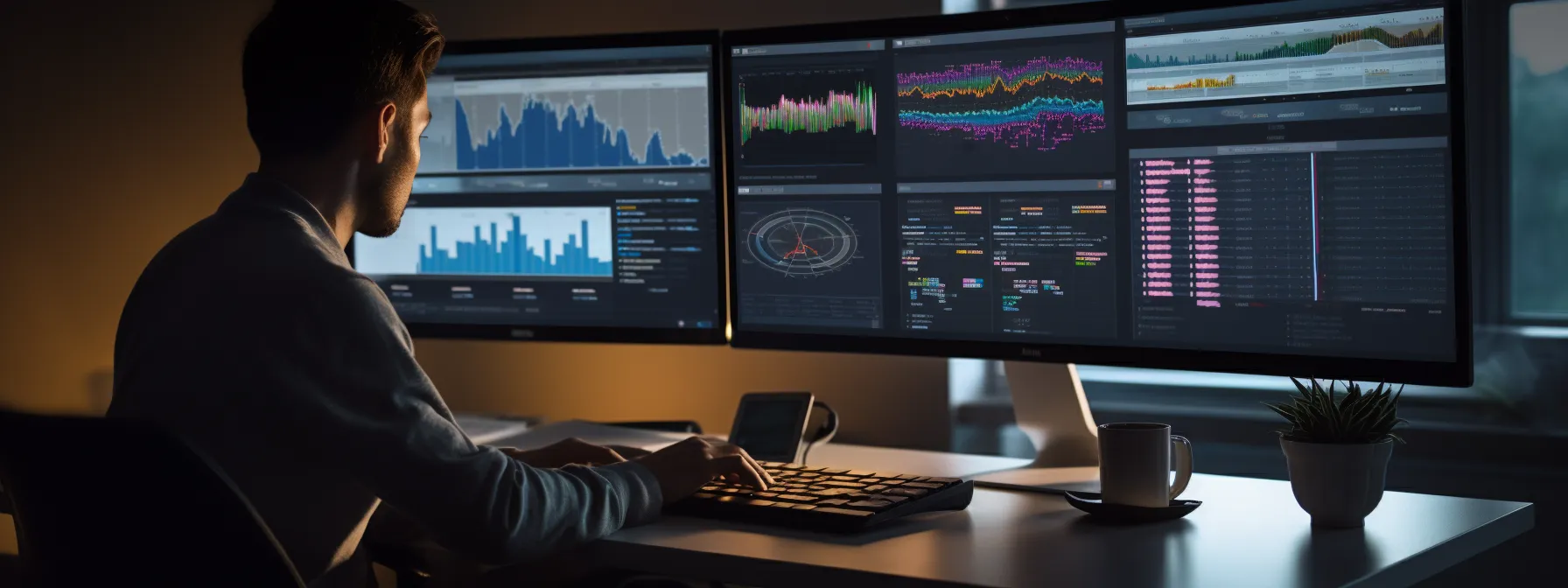 a person studying and analyzing a computer screen displaying different aspects of technical seo.
