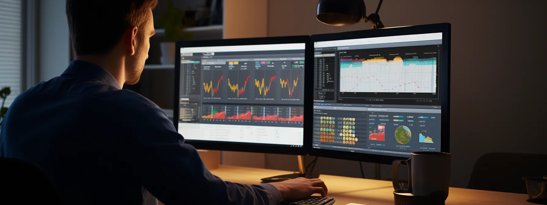 a person using keyword research tools and analyzing data on a computer screen to optimize content for search engines.