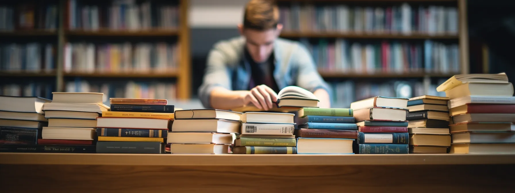 a person reading a stack of seo books, surrounded by digital marketing tools and a laptop.