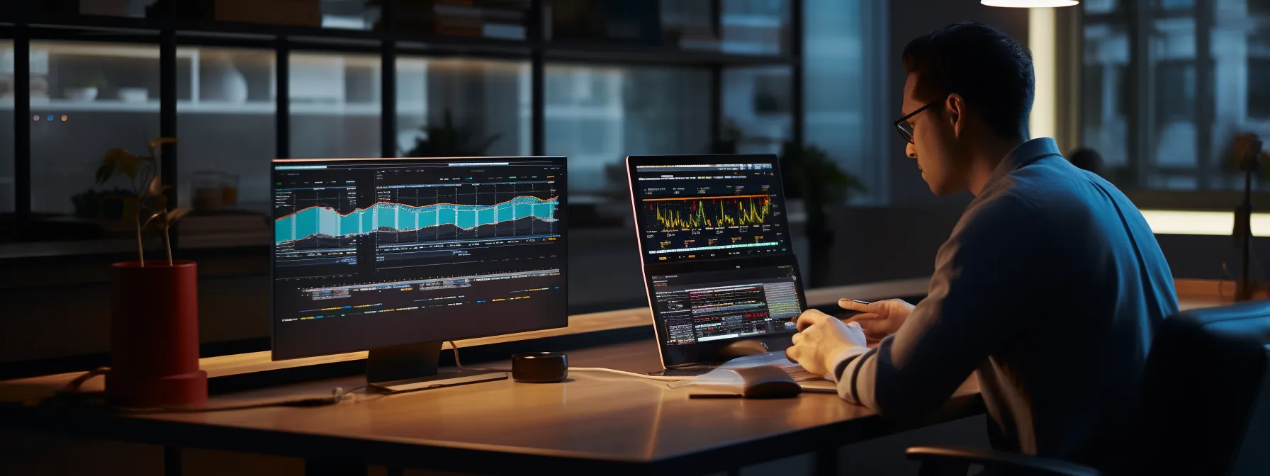 a person in a classroom using a computer to learn advanced seo strategies from seotheory's master digital marketing course.