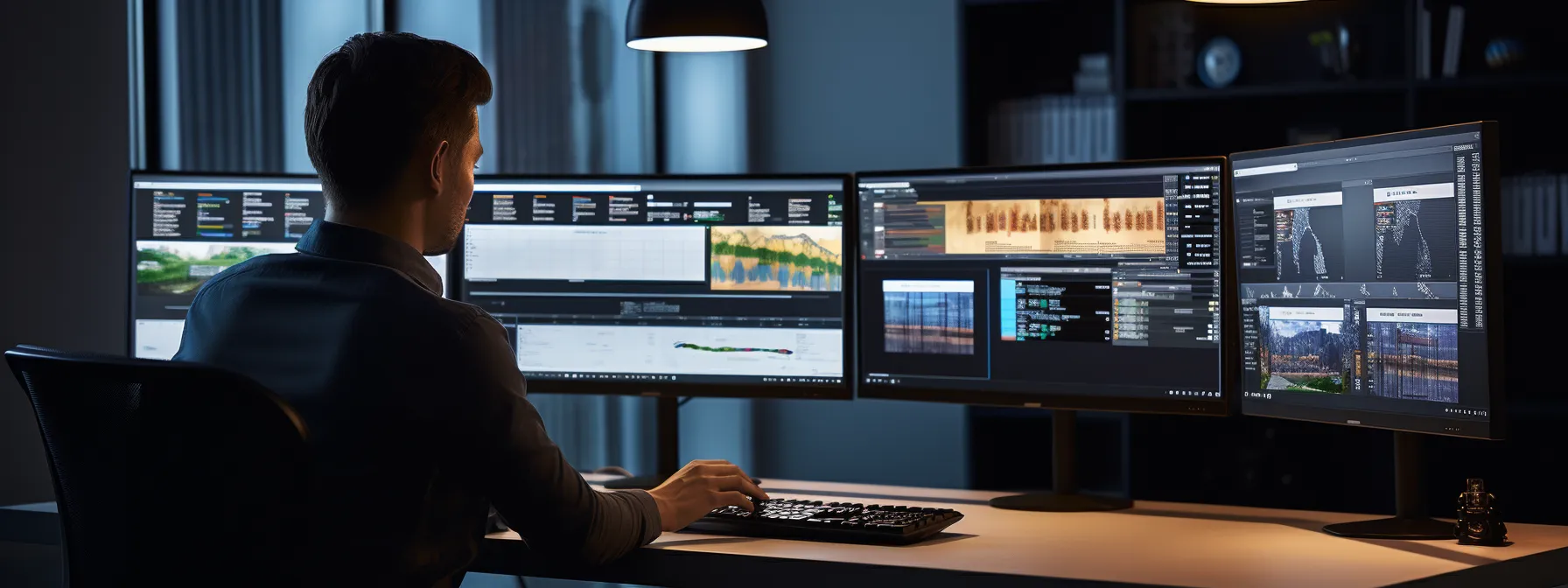 a person participating in an seo training course, surrounded by computer screens showing various seo tools and analytics.