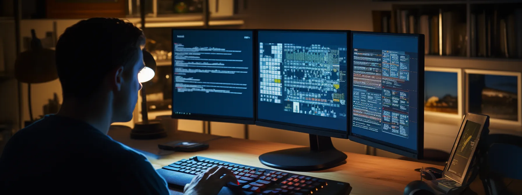 a person studying a computer screen with seotheory's website open, surrounded by notes and reference materials.