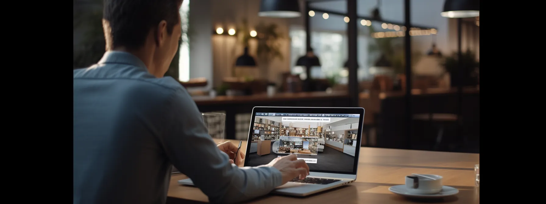in the photo, a person is seen using a laptop to take an online seo course, with a virtual classroom in the background connecting learners from different parts of the world.