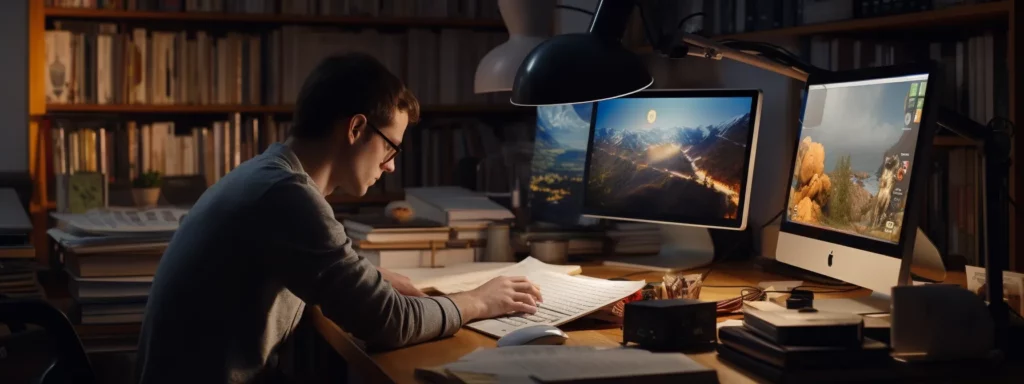 a person sitting at a computer with a google search page open, surrounded by books and notes.