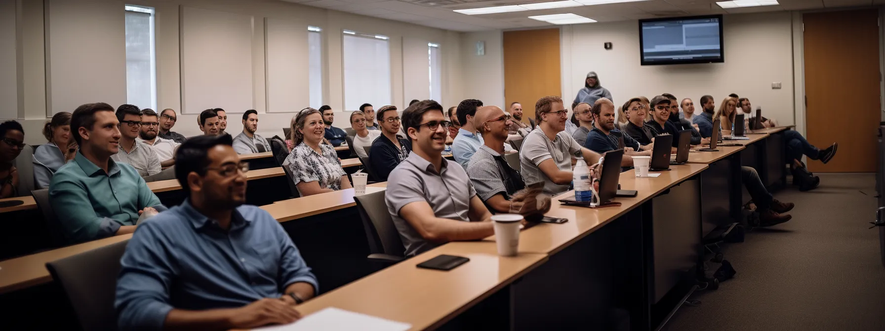 a group of people sitting in a classroom, attentively listening to a lecture on seo strategies for e-commerce success.