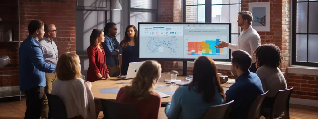 a classroom setting with a teacher leading a local seo training session.