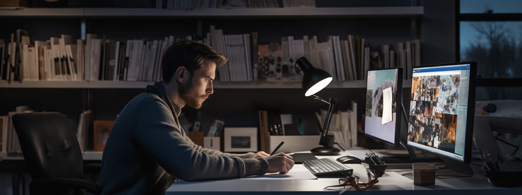 a person sitting at a desk, surrounded by books and computer screens, studying seo materials.