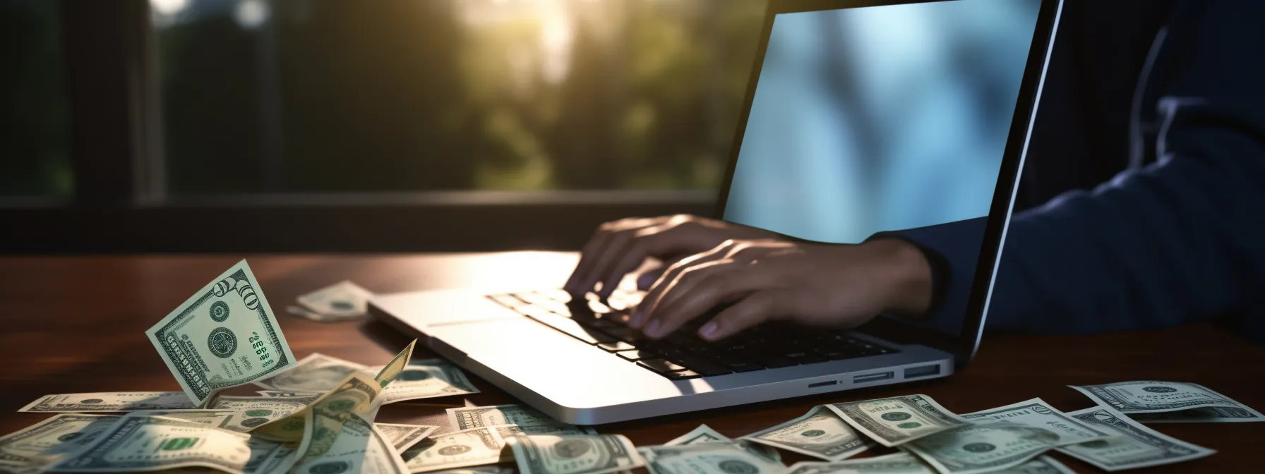 a person studying a content marketing course on their laptop, surrounded by job offer letters and dollar bills.