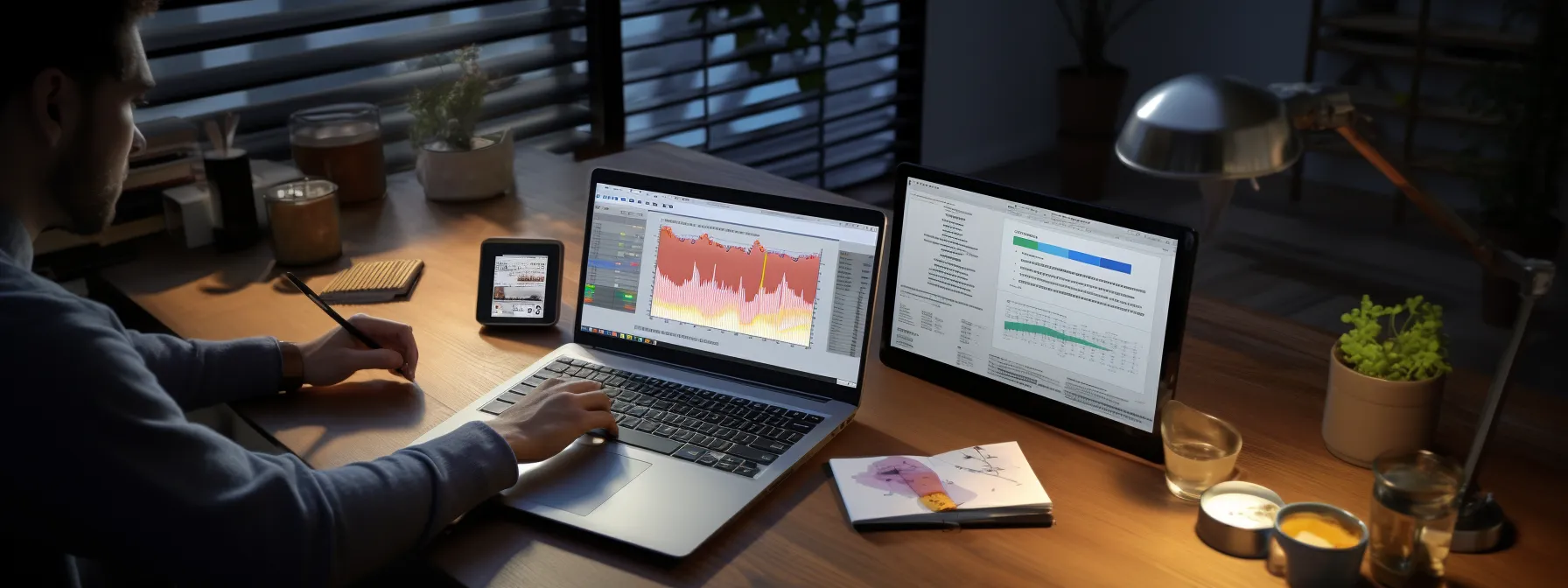 a person studying seotheory's course content with various seo tools and materials spread out on a desk.