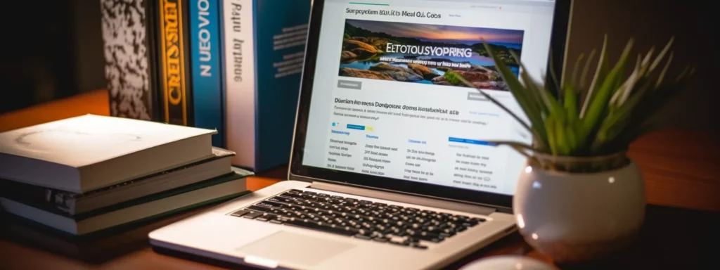 the photo shows a computer screen displaying a website with a search engine optimization guide open, surrounded by various seo resources such as books, a notepad, and a pen.