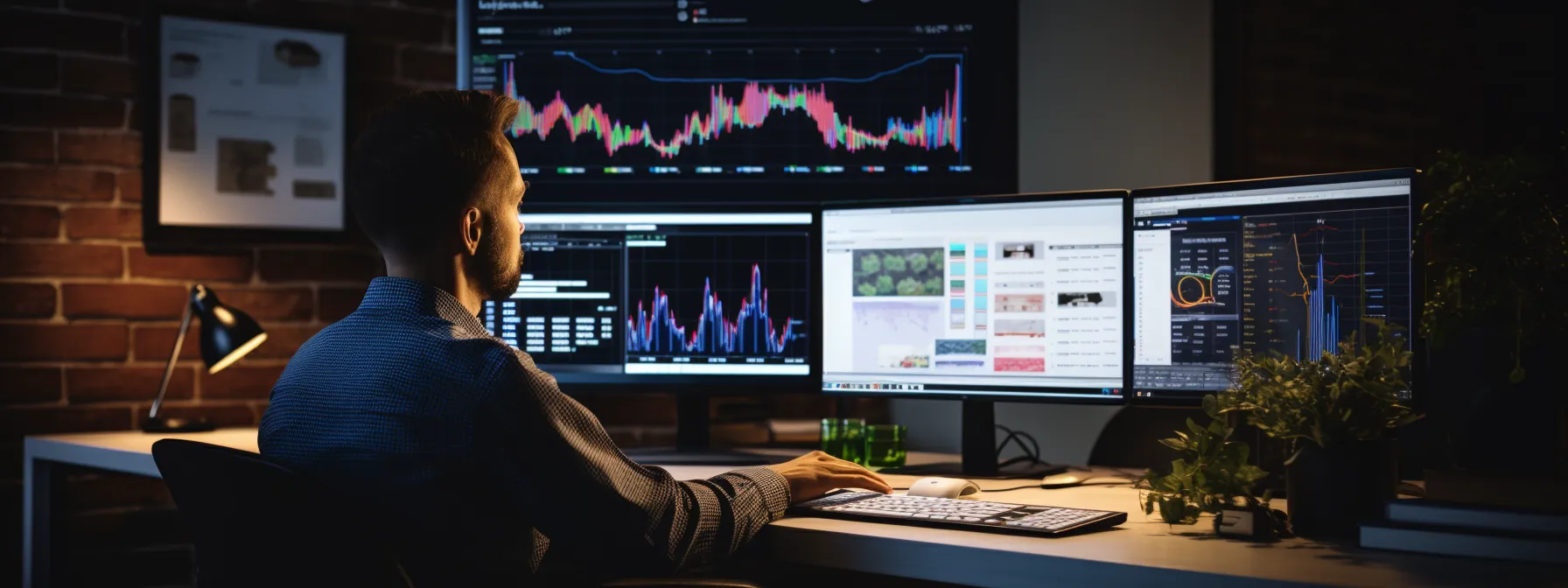 a person attending an advanced seo course, surrounded by charts and graphs about search engine optimization and content marketing.