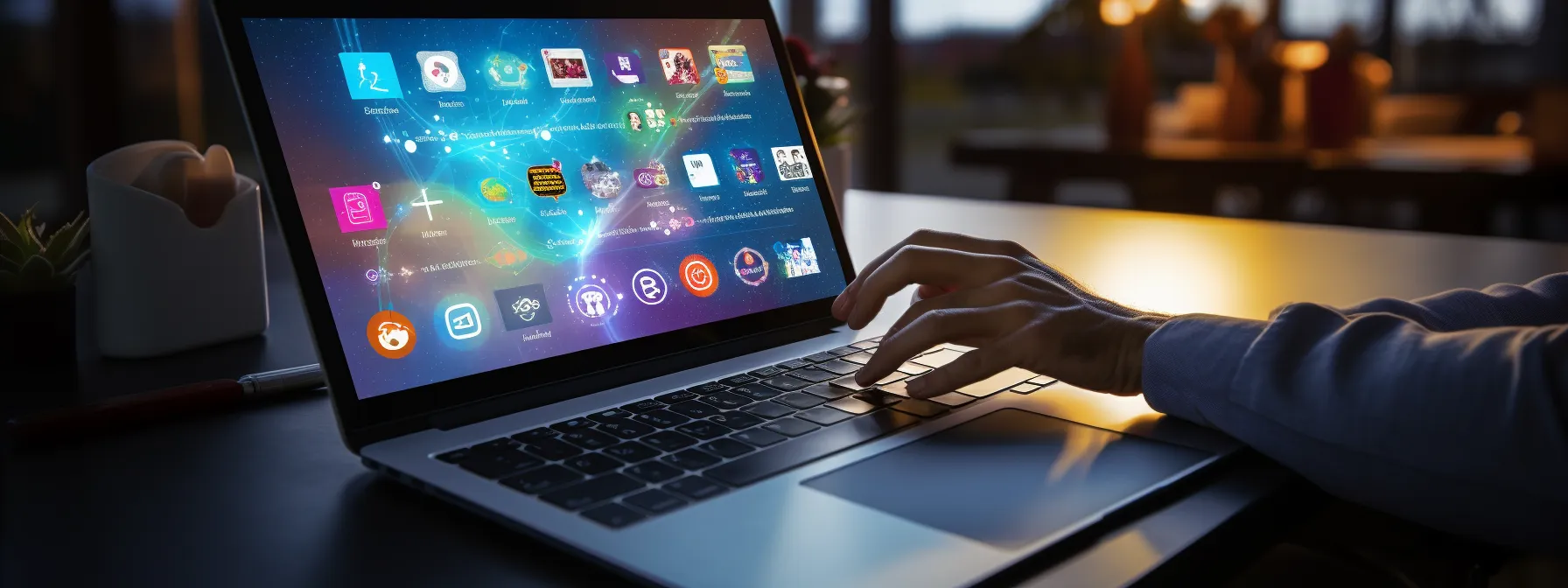 a person typing on a laptop with various social media icons and website links displayed on the screen.