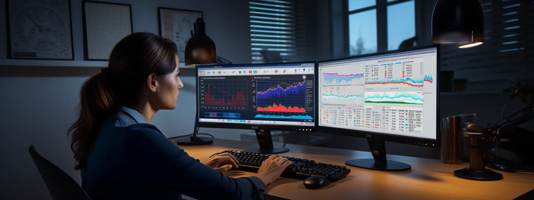 a person sitting at a desk with a computer, surrounded by notes and charts related to seo and keyword optimization.