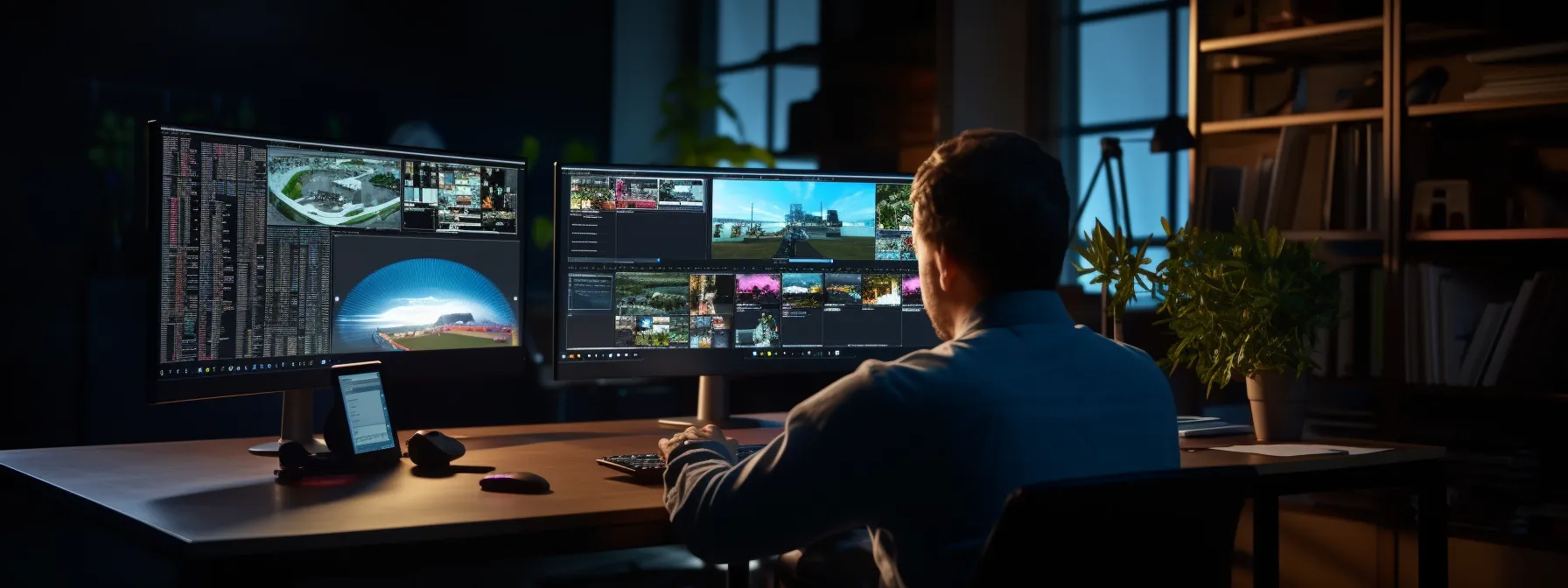 a person sitting at a desk, with a computer and various seo elements displayed on the screen.