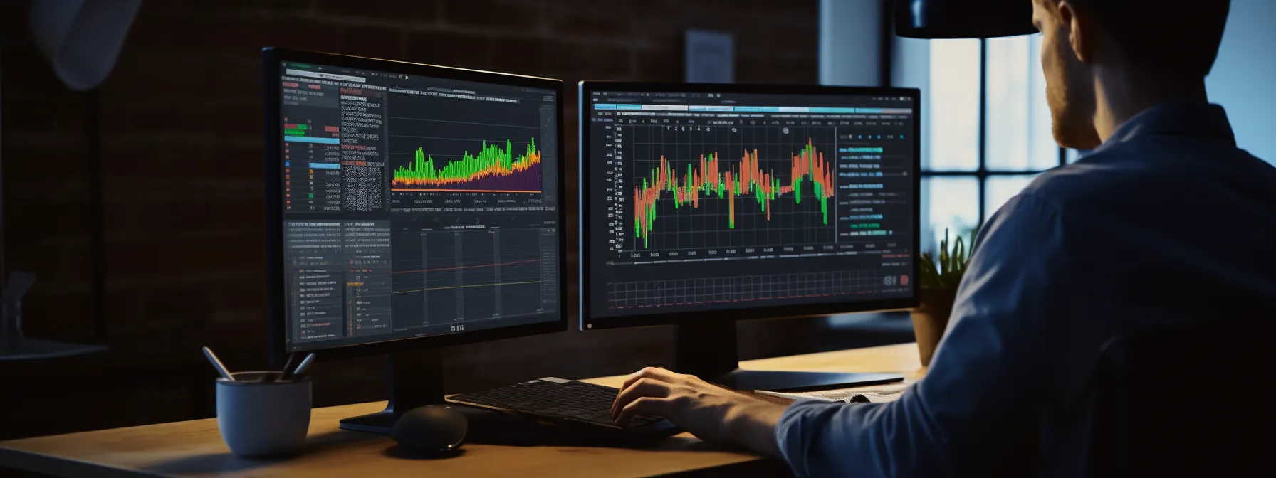 a person analyzing data on a computer screen with graphs and charts showing keyword performance.
