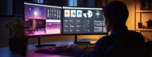 a person sitting in front of a computer, engrossed in a digital sales course with various seo topics displayed on the screen.